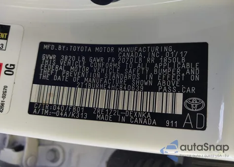 2017 Toyota Corolla Le из США, поврежденный, VIN 2T1BURHE4HC840639